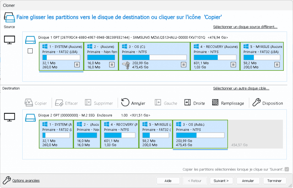 Glisser partition une à une