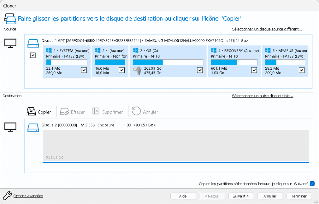 Sélection disque OK