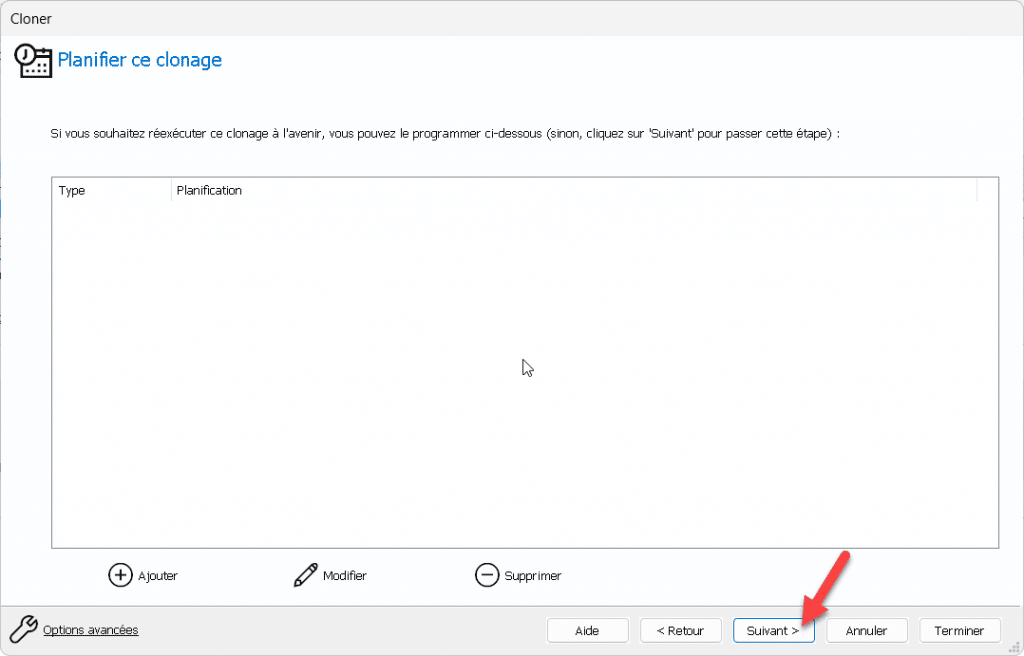 Planifier l'opération de clonage si besoin