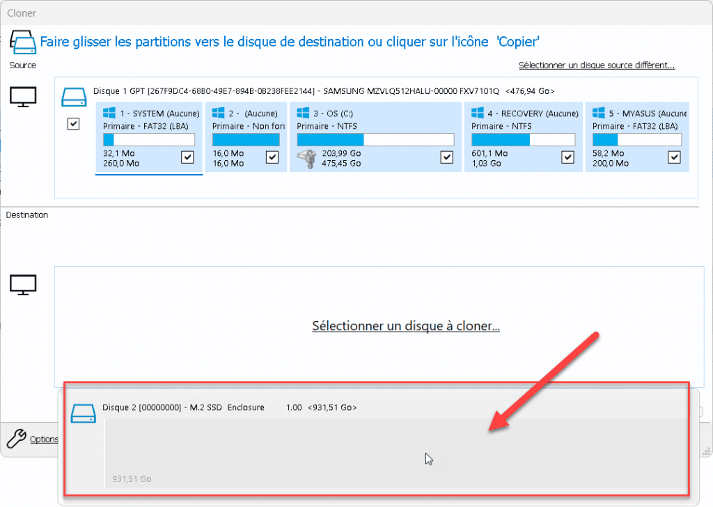 Cliquer sur le disque de destination