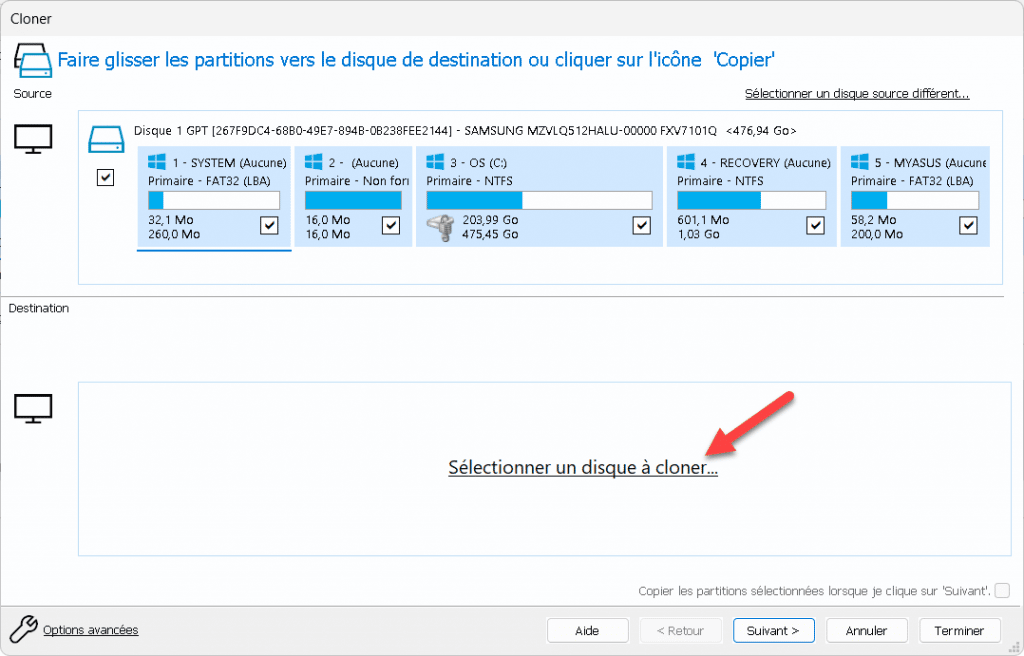 Sélectionner un disque à cloner